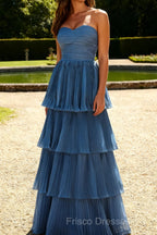 Dusty Blue A-Line Strapless Pleated Tiered Long Bridesmaid Dress