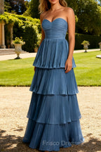 Dusty Blue A-Line Strapless Pleated Tiered Long Bridesmaid Dress