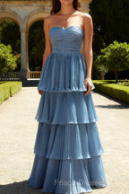 Dusty Blue A-Line Strapless Pleated Tiered Long Bridesmaid Dress