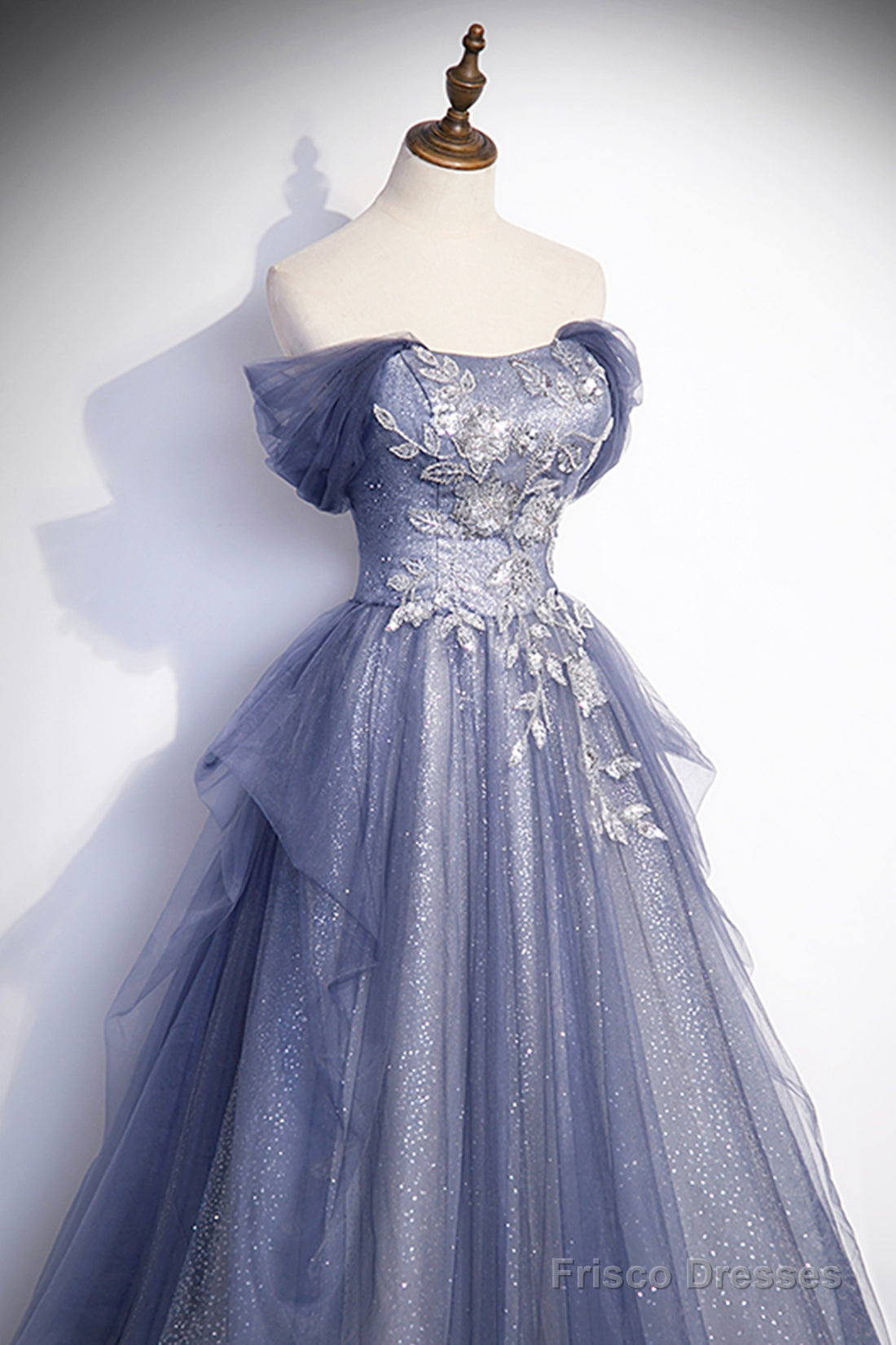 Dusty Blue Off The Shoulder Lace Long Prom Dress, A-Line Shiny Tulle Evening Dress Secondary image