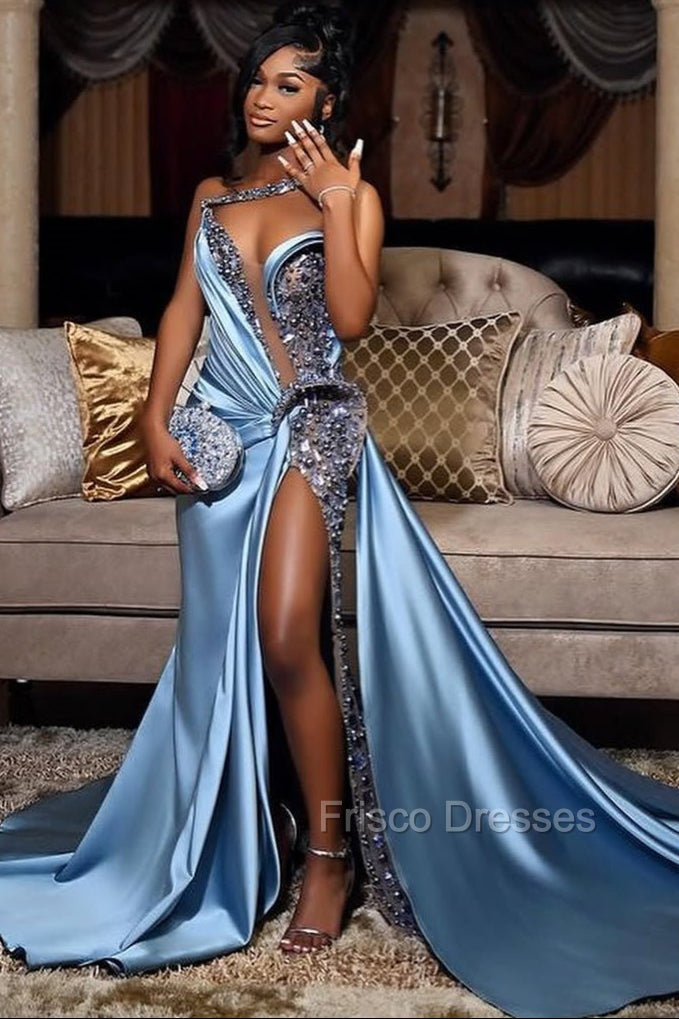 Dusty Blue One shoulder High Split Beaded Long Prom Dresses Main image