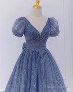 Dusty Blue Princess Sparkly Prom Dresses With Sleeves