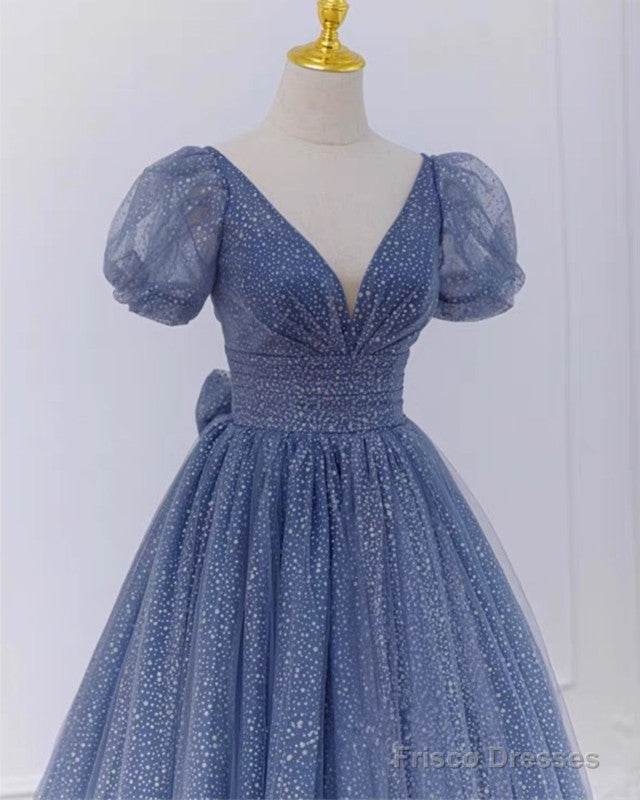 Dusty Blue Princess Sparkly Prom Dresses With Sleeves