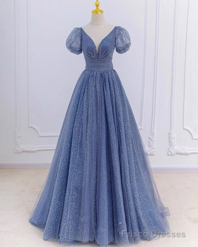 Dusty Blue Princess Sparkly Prom Dresses With Sleeves Main image