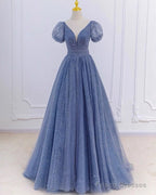 Dusty Blue Princess Sparkly Prom Dresses With Sleeves