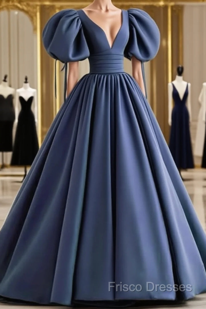 Dusty Blue Formal Prom Dress Puffy Sleeve Satin Ball Gown Main image