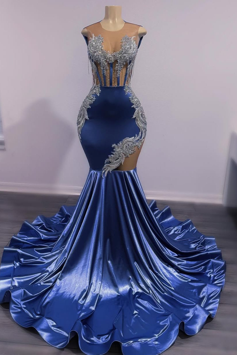 Dusty Blue Shiny Silver Beaded Mermaid Court Train Prom Dresses Main image