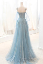 Dusty Blue Sparkly Tulle Long Formal Prom Dress, A-Line Spaghetti Strap Evening Dress