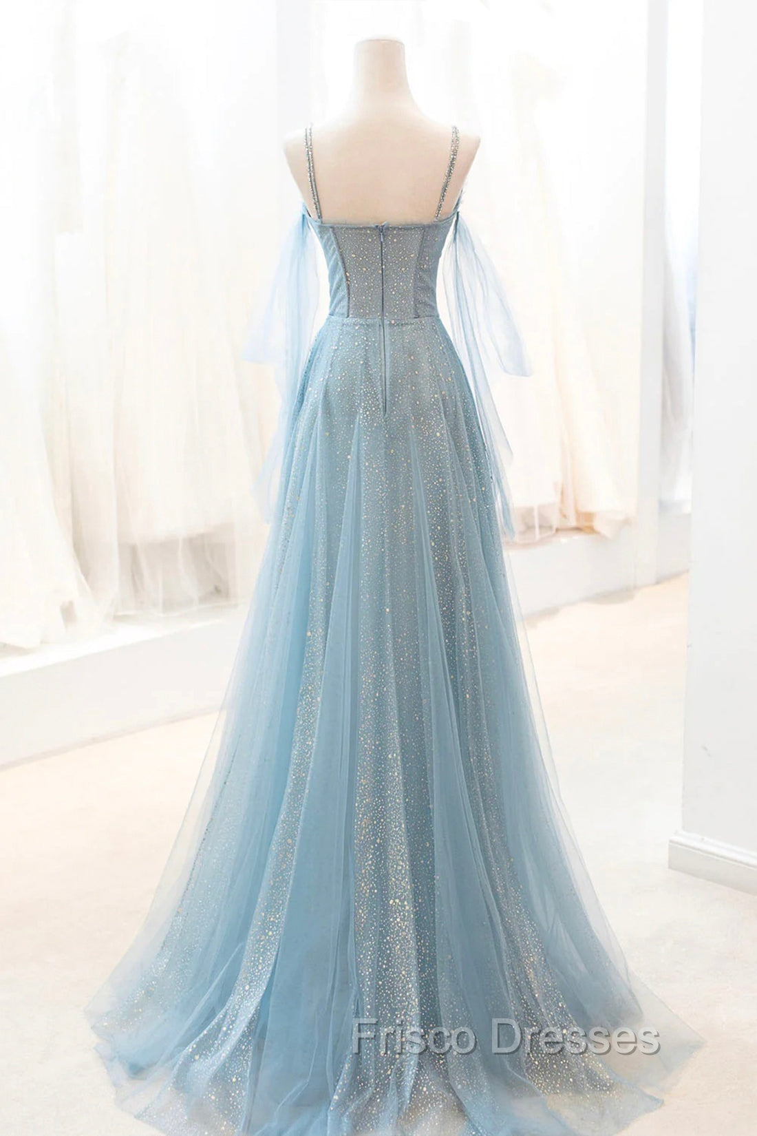 Dusty Blue Sparkly Tulle Long Formal Prom Dress, A-Line Spaghetti Strap Evening Dress