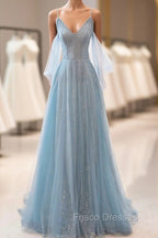 Dusty Blue Sparkly Tulle Long Formal Prom Dress, A-Line Spaghetti Strap Evening Dress