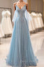 Dusty Blue Sparkly Tulle Long Formal Prom Dress, A-Line Spaghetti Strap Evening Dress