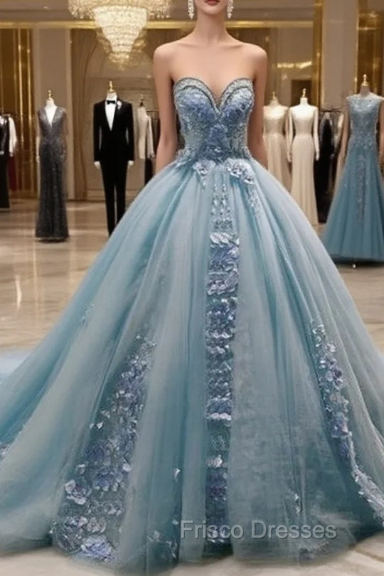 Dusty Blue Sweetheart Ball Gown Quinceanera Dress Strapless with 3D Flowers Main image
