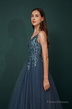 Dusty Blue Tulle A-line Low back Spaghetti strap Prom Dresses