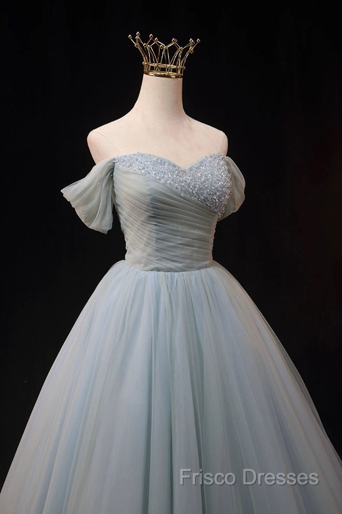 Dusty Blue Tulle Beaded Floor Length Formal Dress, Off The Shoulder A-Line Formal Party Dress