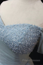 Dusty Blue Tulle Beaded Floor Length Formal Dress, Off The Shoulder A-Line Formal Party Dress