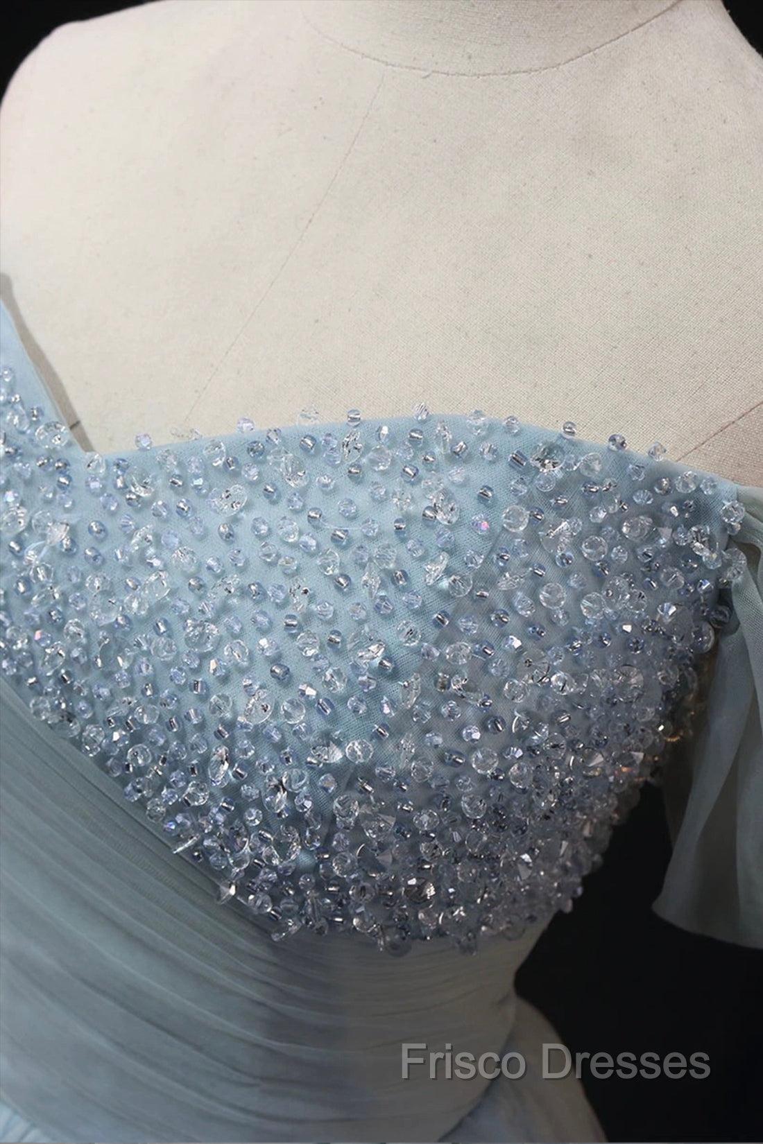 Dusty Blue Tulle Beaded Floor Length Formal Dress, Off The Shoulder A-Line Formal Party Dress