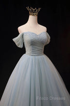 Dusty Blue Tulle Beaded Floor Length Formal Dress, Off The Shoulder A-Line Formal Party Dress