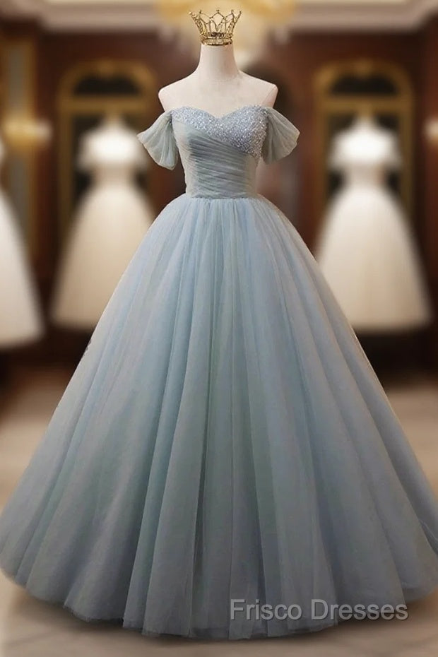 Dusty Blue Tulle Beaded Floor Length Formal Dress, Off The Shoulder A-Line Formal Party Dress