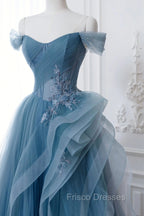 Dusty Blue Tulle Floor Length Formal Prom Dress, Blue Off the Shoulder Removable Sleeve Evening Dress