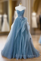 Dusty Blue Tulle Floor Length Formal Prom Dress, Blue Off the Shoulder Removable Sleeve Evening Dress