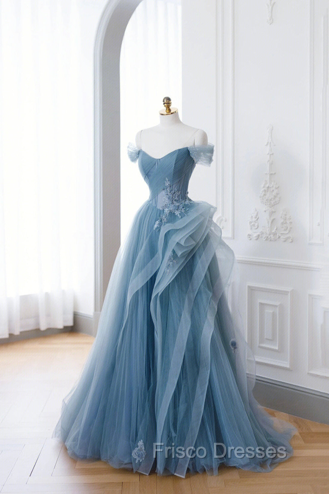 Dusty Blue Tulle Floor Length Formal Prom Dress, Blue Off the Shoulder Removable Sleeve Evening Dress Main image