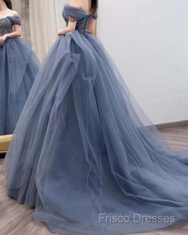 Dusty Blue Tulle Formal Prom Dress Off Shoulder Secondary image