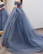 Dusty Blue Tulle Formal Prom Dress Off Shoulder