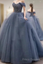 Dusty Blue Tulle Formal Prom Dress Off Shoulder