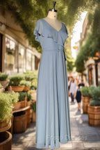 Dusty Blue V-Neck Chiffon Bridesmaid Dress Backless Ruffled Split for Teens A-Line Long Bridesmaid Dress