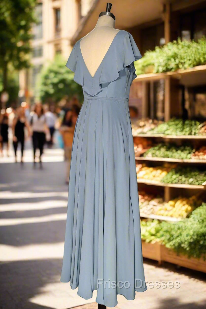 Dusty Blue V-Neck Chiffon Bridesmaid Dress Backless Ruffled Split for Teens A-Line Long Bridesmaid Dress