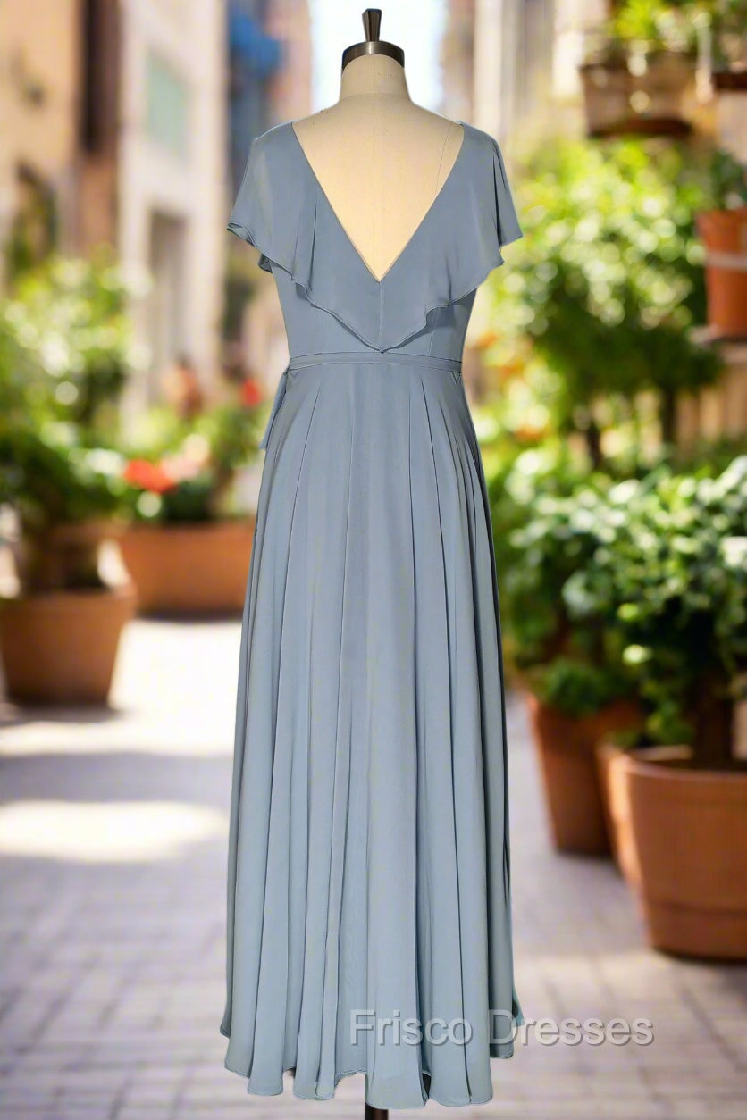 Dusty Blue V-Neck Chiffon Bridesmaid Dress Backless Ruffled Split for Teens A-Line Long Bridesmaid Dress