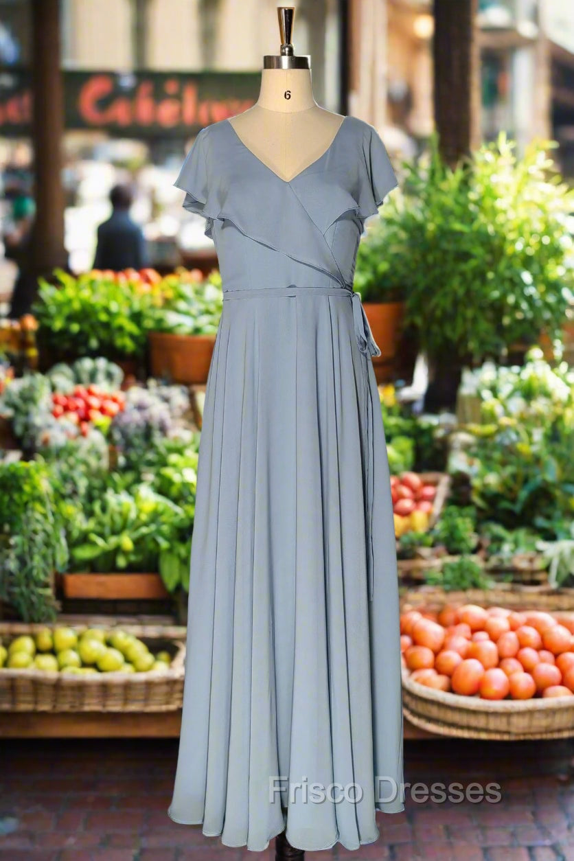 Dusty Blue V-Neck Chiffon Bridesmaid Dress Backless Ruffled Split for Teens A-Line Long Bridesmaid Dress