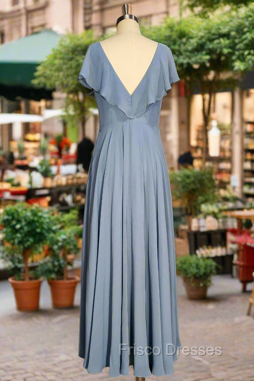 Dusty Blue V-Neck Chiffon Bridesmaid Dress Backless Ruffled Split for Teens A-Line Long Bridesmaid Dress