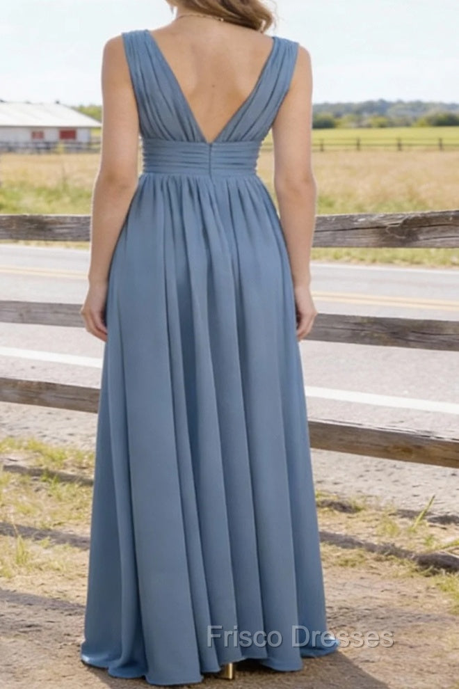 Dusty Blue V Neck Chiffon Floor Length Bridesmaid Dresses Long Bridesmaid Dress With Pleated Split