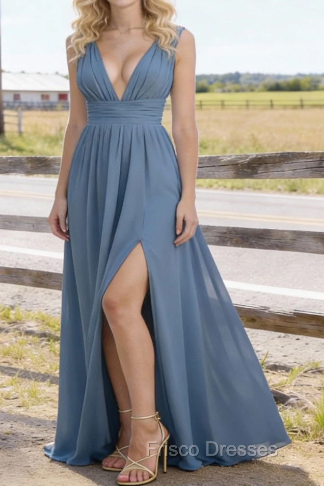 Dusty Blue V Neck Chiffon Floor Length Bridesmaid Dresses Long Bridesmaid Dress With Pleated Split