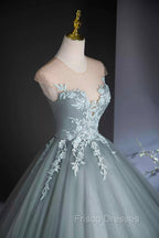 Dusty Green Tulle Floor Length Formal Prom Dress with Lace, Elegant A-Line Formal Evening Dress