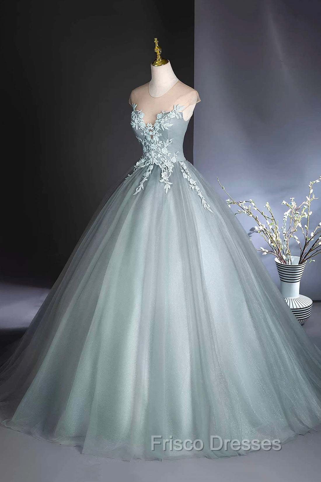 Dusty Green Tulle Floor Length Formal Prom Dress with Lace, Elegant A-Line Formal Evening Dress