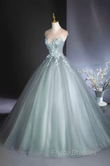 Dusty Green Tulle Floor Length Formal Prom Dress with Lace, Elegant A-Line Formal Evening Dress