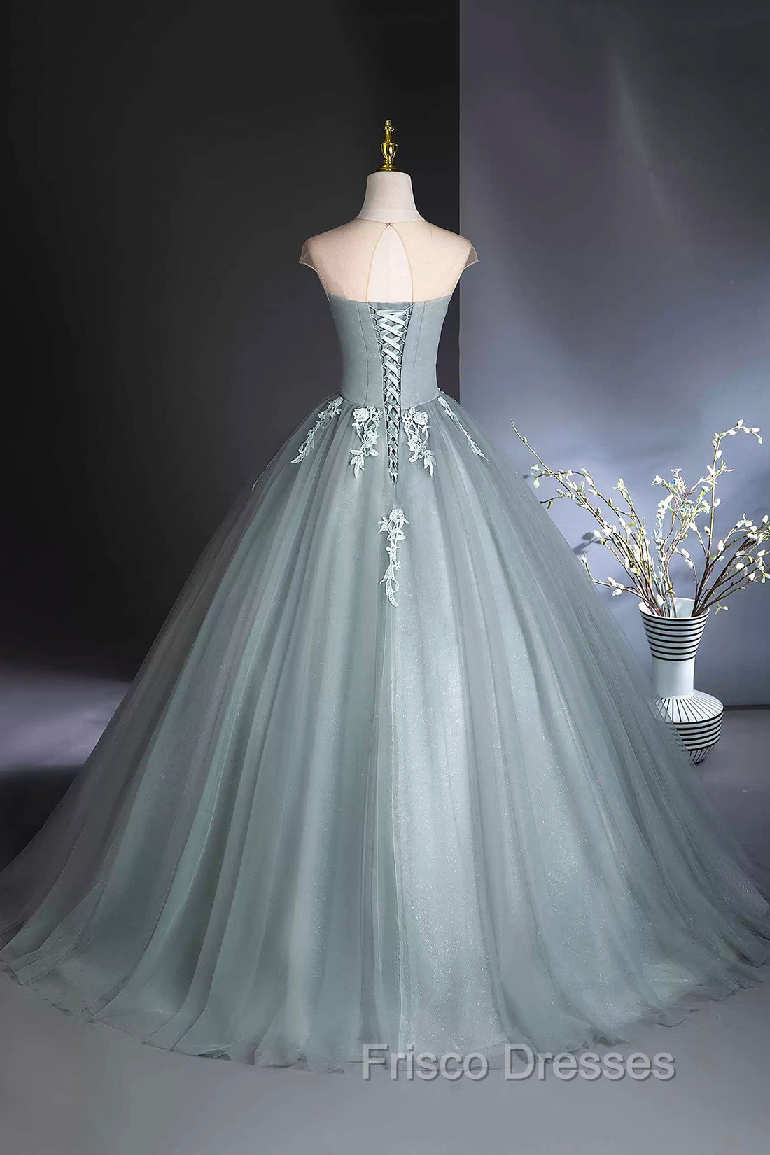 Dusty Green Tulle Floor Length Formal Prom Dress with Lace, Elegant A-Line Formal Evening Dress