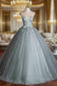 Dusty Green Tulle Floor Length Formal Prom Dress with Lace, Elegant A-Line Formal Evening Dress