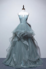 Dusty Green Tulle Lace Floor Length Formal Dress, Beautiful A-Line Evening Party Dress