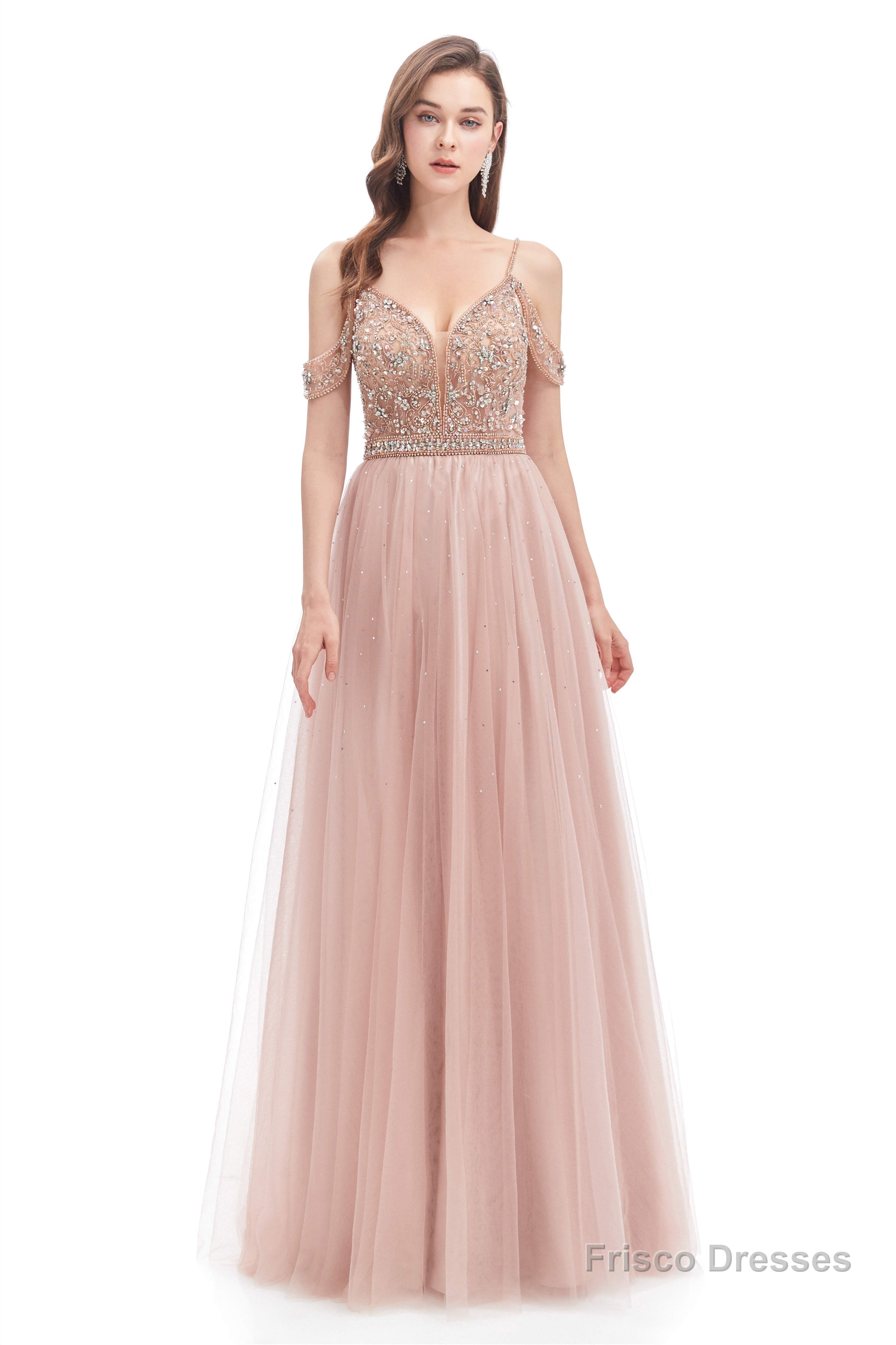 Dusty Pink Crystal Sparkle Starry Prom Dresses with Straps Backless Main image