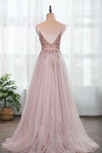 Dusty Pink Spaghetti Straps Gorgeous Beading Formal Prom Dress A Line Split Tulle Evening Dress