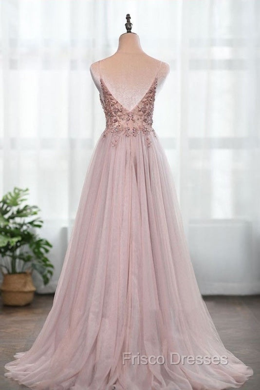 Dusty Pink Spaghetti Straps Gorgeous Beading Formal Prom Dress A Line Split Tulle Evening Dress