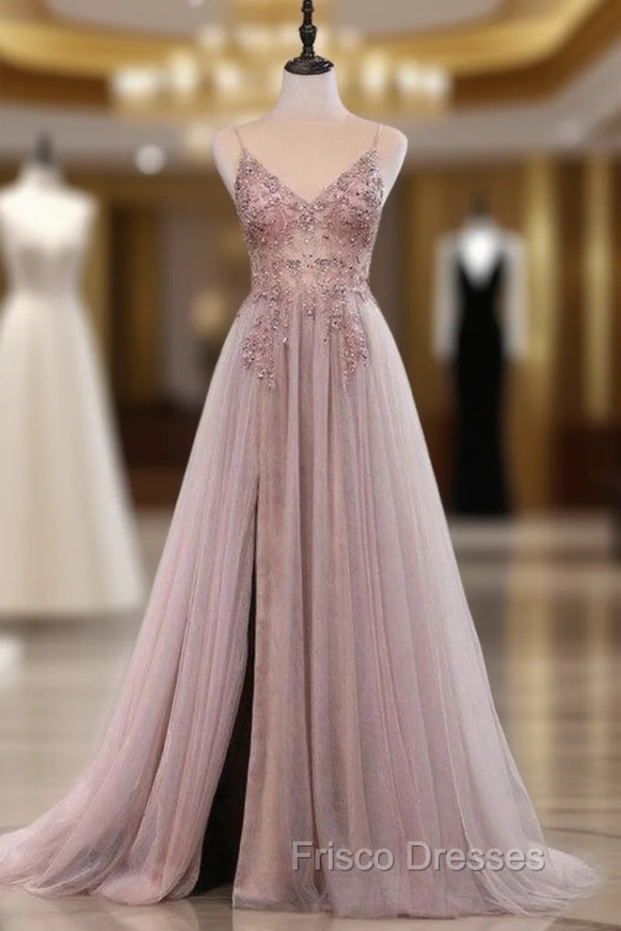 Dusty Pink Spaghetti Straps Gorgeous Beading Formal Prom Dress A Line Split Tulle Evening Dress