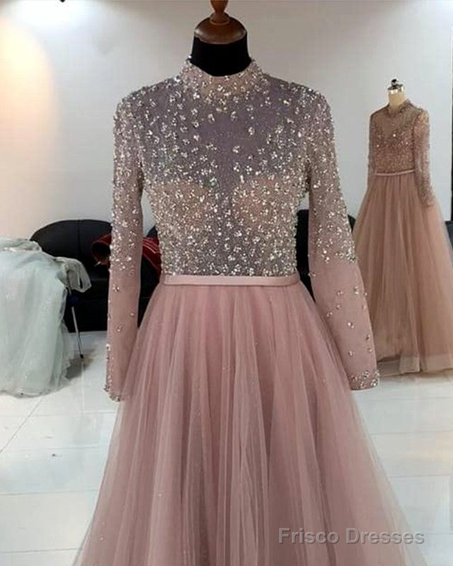 Dusty Pink Tulle Prom Dresses Beaded Long Sleeve Secondary image