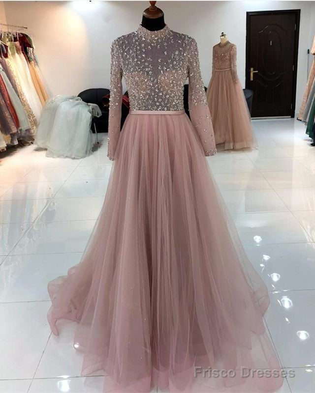 Dusty Pink Tulle Prom Dresses Beaded Long Sleeve Main image