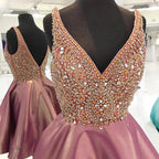 Dusty Rose Stunning Rhinestone Sparkly Beaded Top Homecoming Dresses