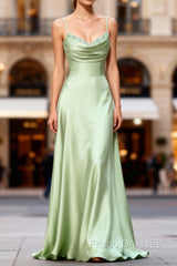 Dusty Sage A Line Cowl Neck Satin Long Formal Prom Dress with Pleated