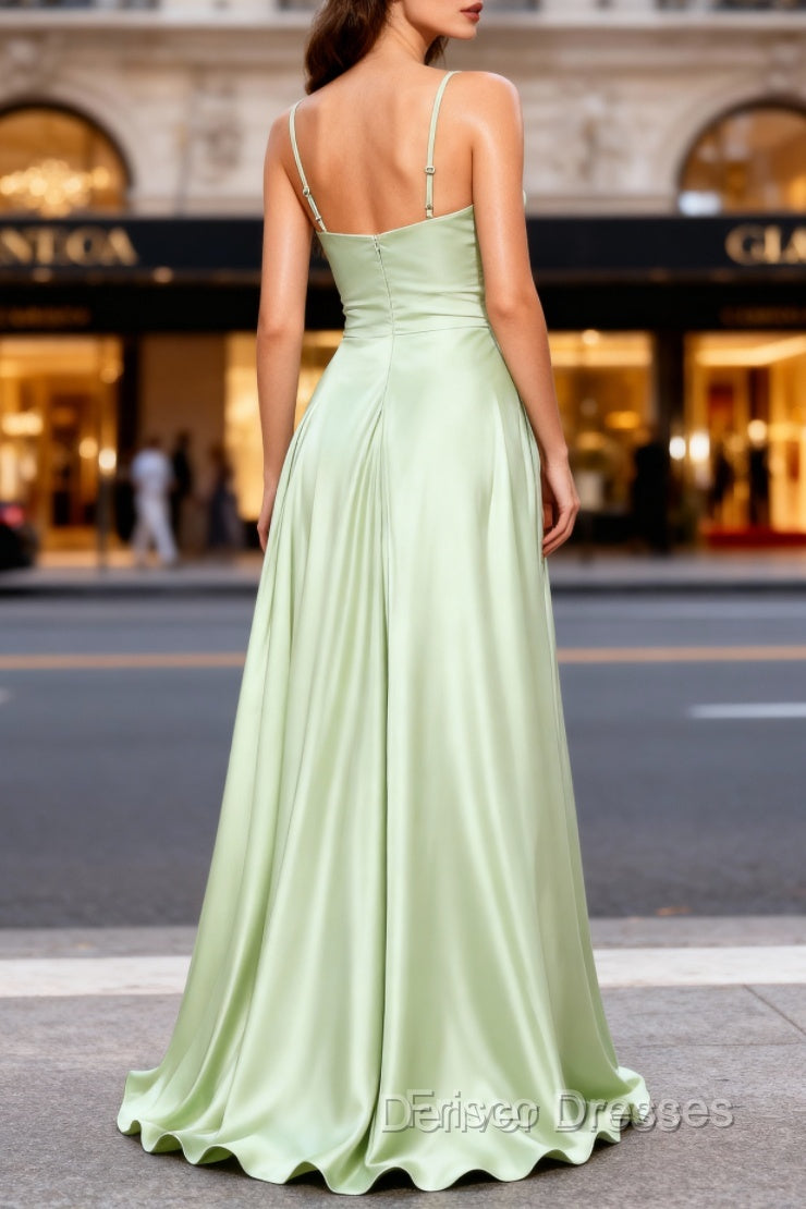 Dusty Sage A Line Cowl Neck Satin Long Formal Prom Dress with Pleated Secondary image